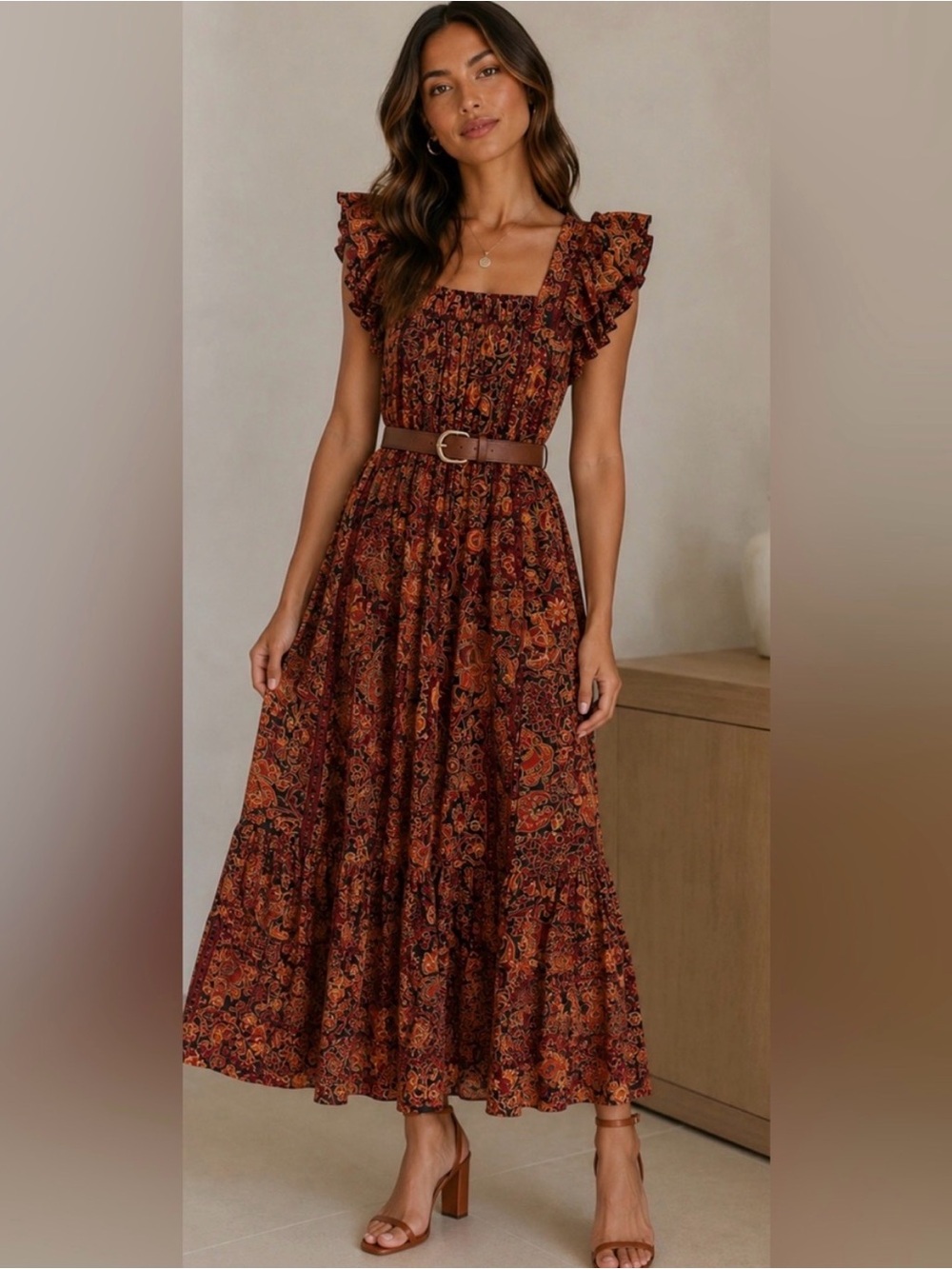 Love The Label Paisley Floral Ruffle Midi Dress Red Cream XS